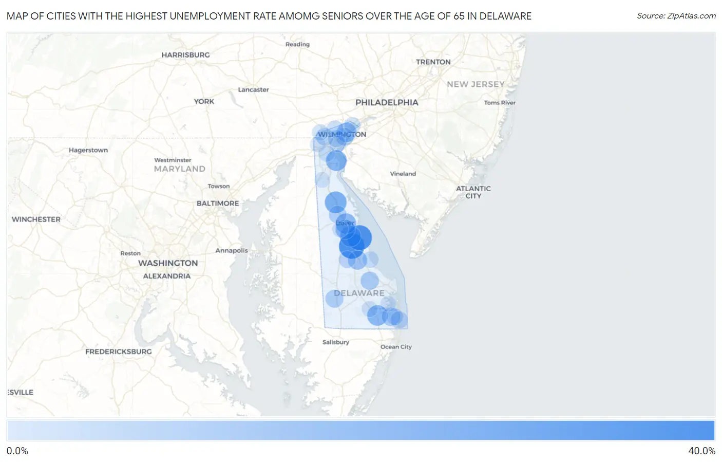 Cities with the Highest Unemployment Rate Amomg Seniors Over the Age of 65 in Delaware Map