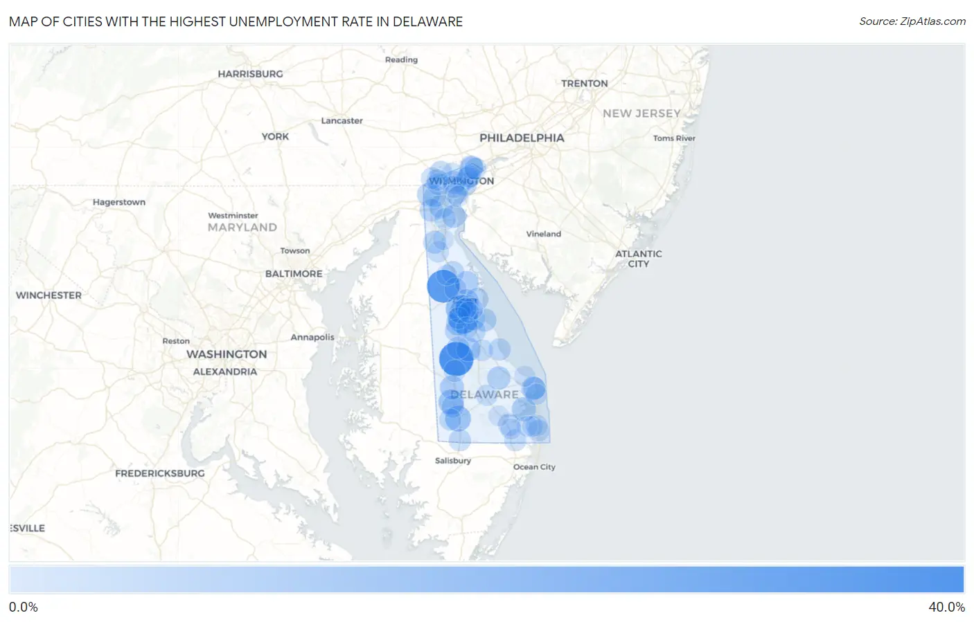 Cities with the Highest Unemployment Rate in Delaware Map