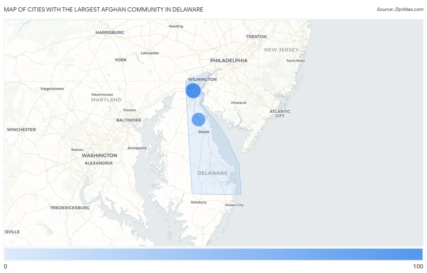 Cities with the Largest Afghan Community in Delaware Map