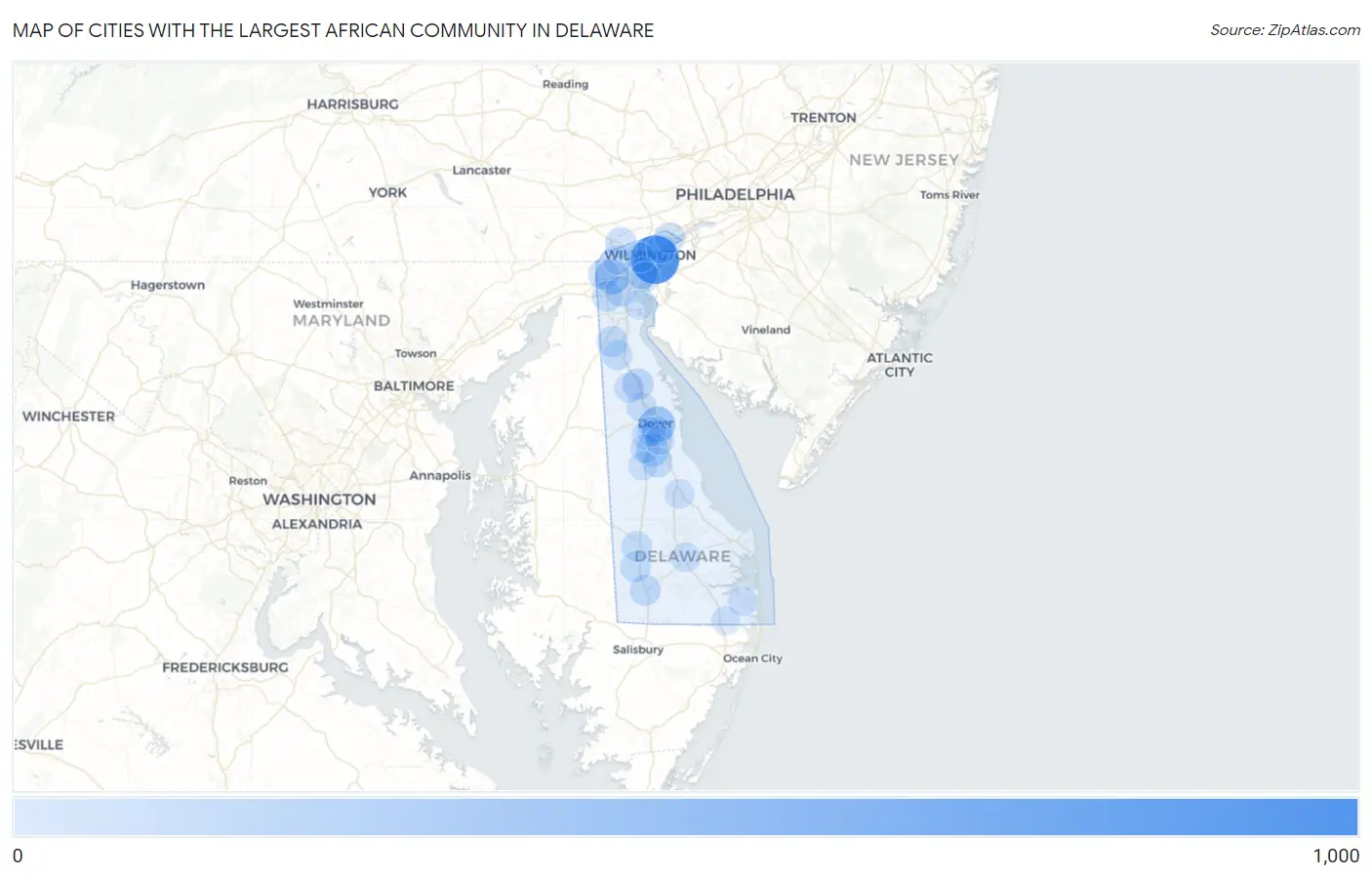 Cities with the Largest African Community in Delaware Map