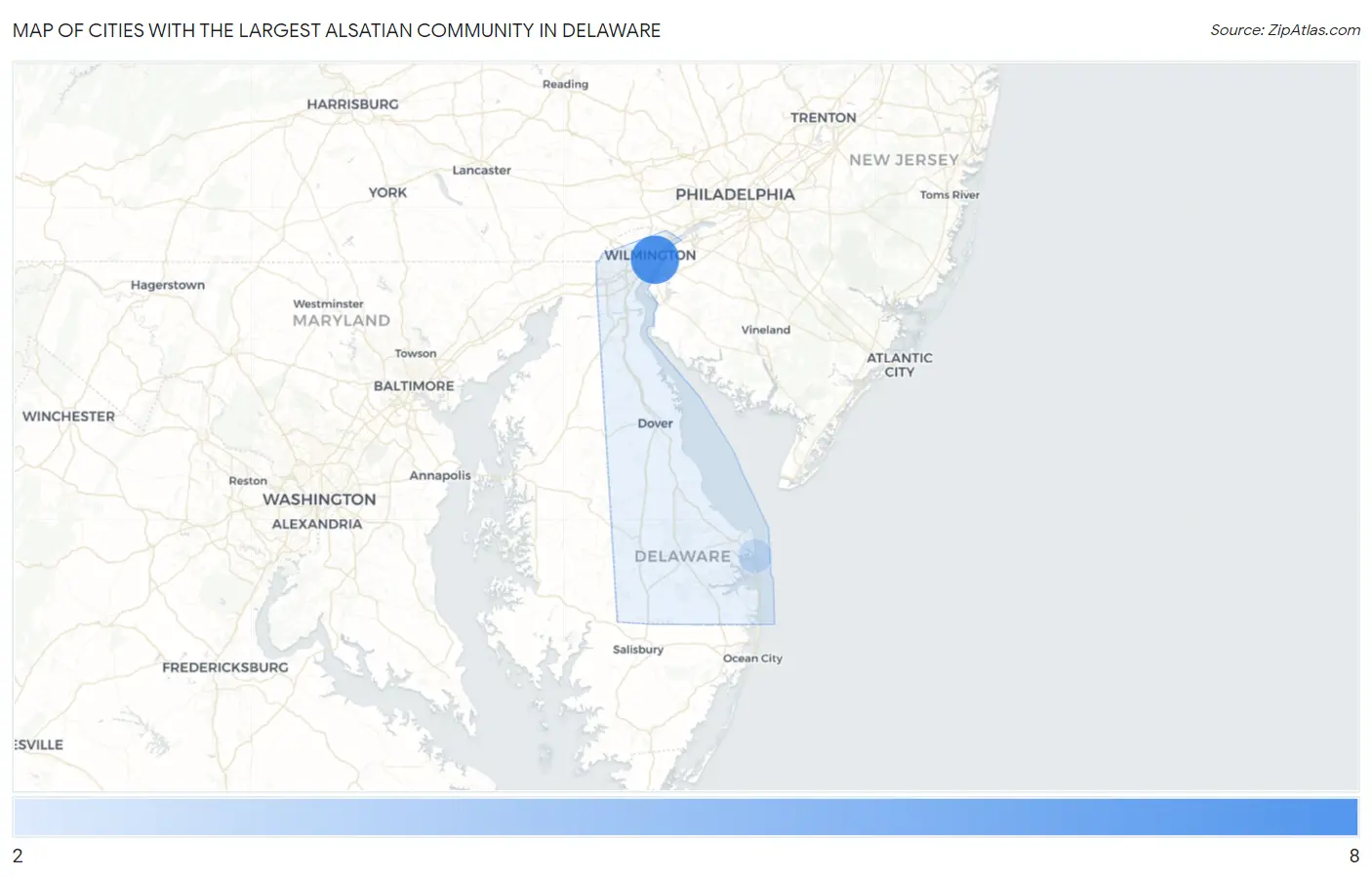Cities with the Largest Alsatian Community in Delaware Map