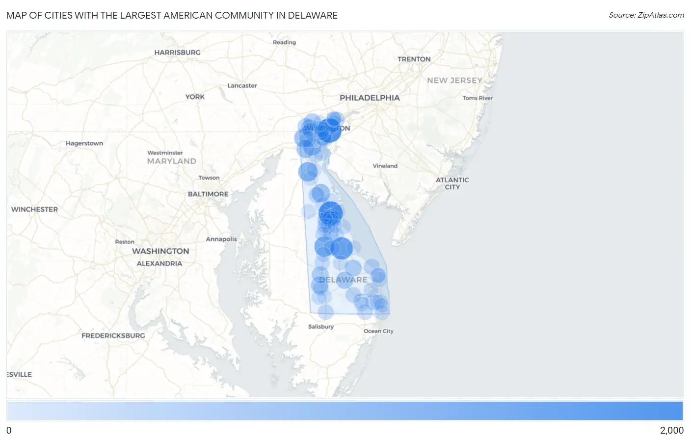 Cities with the Largest American Community in Delaware Map