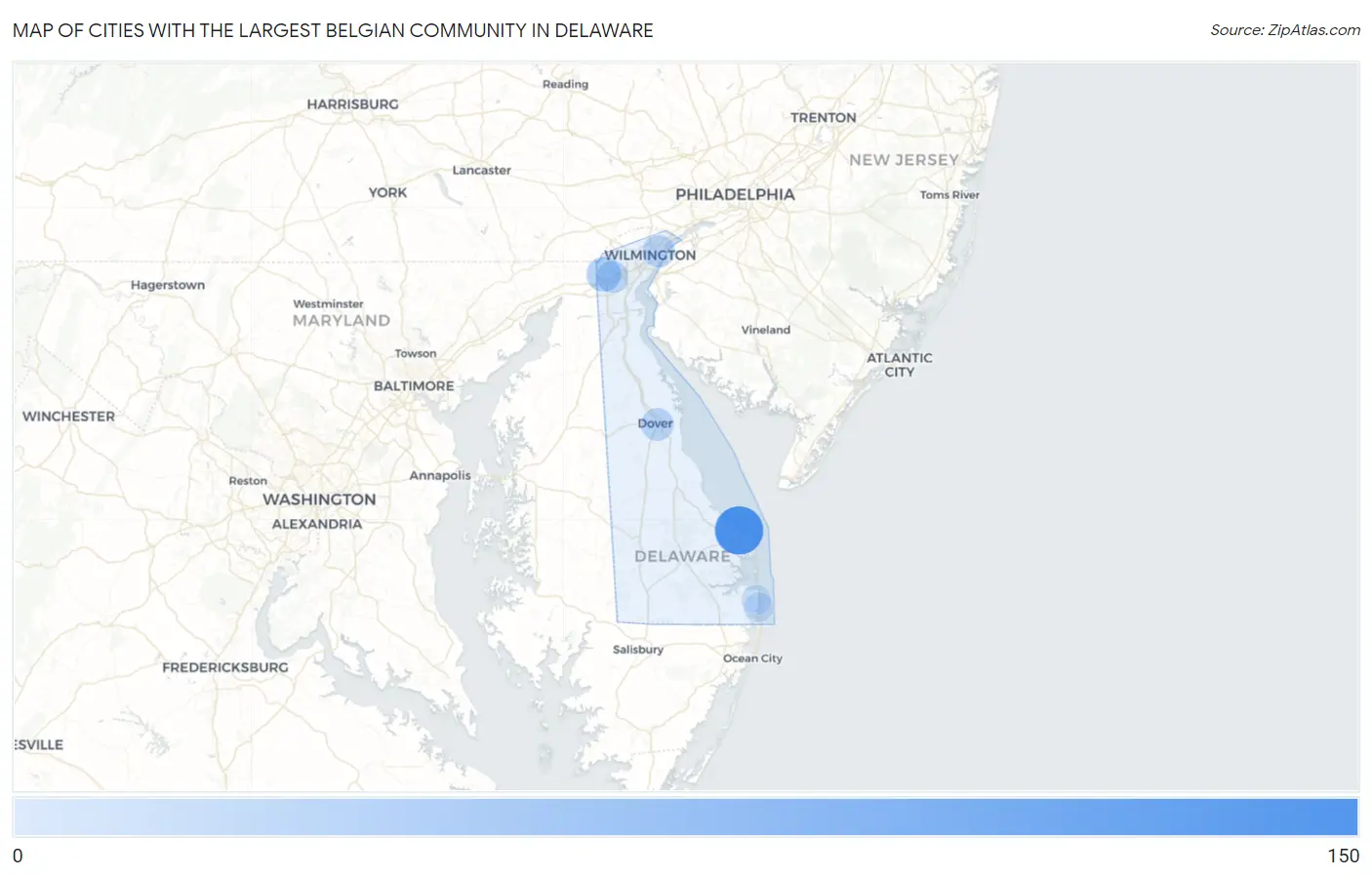 Cities with the Largest Belgian Community in Delaware Map