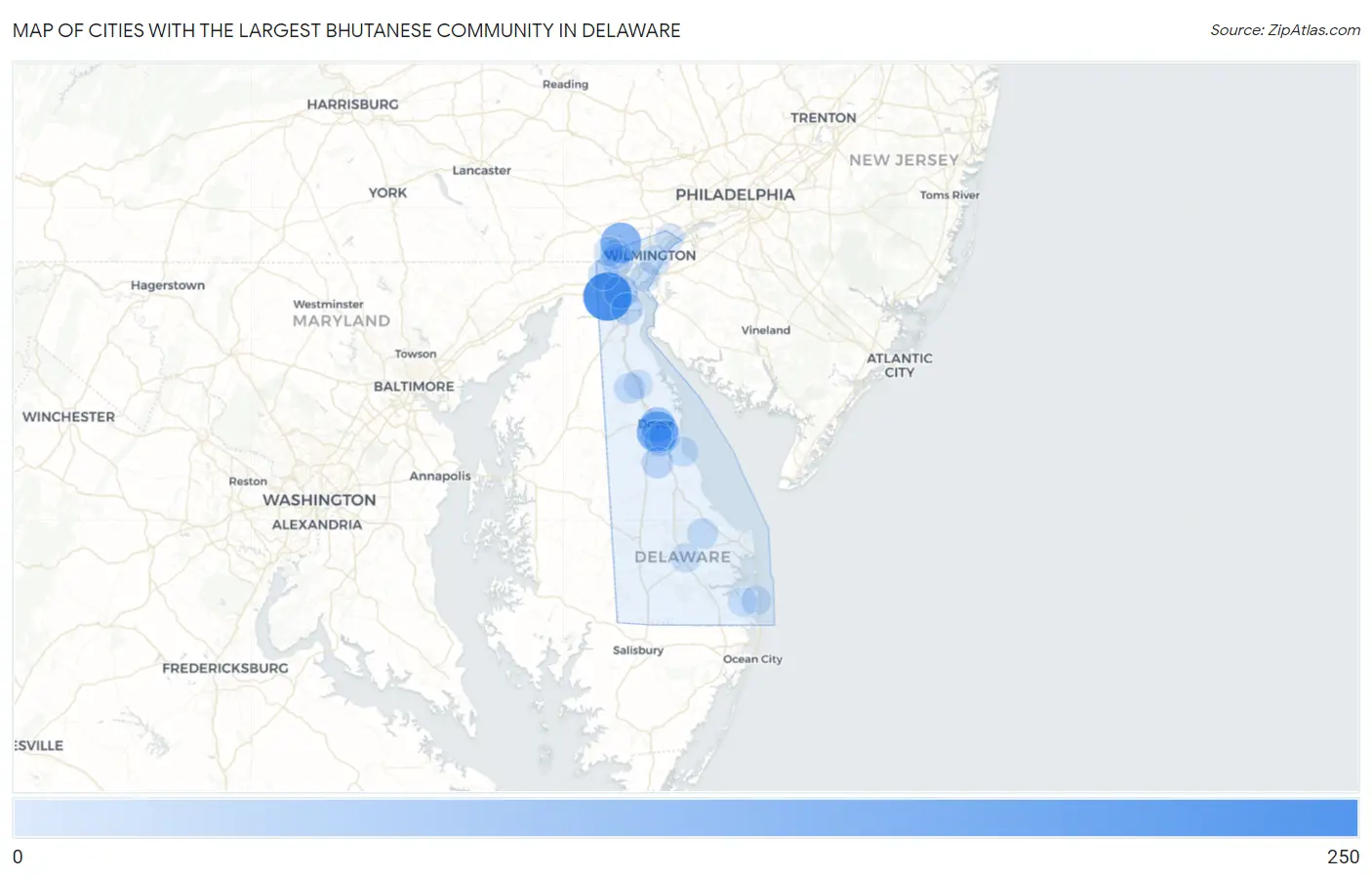 Cities with the Largest Bhutanese Community in Delaware Map
