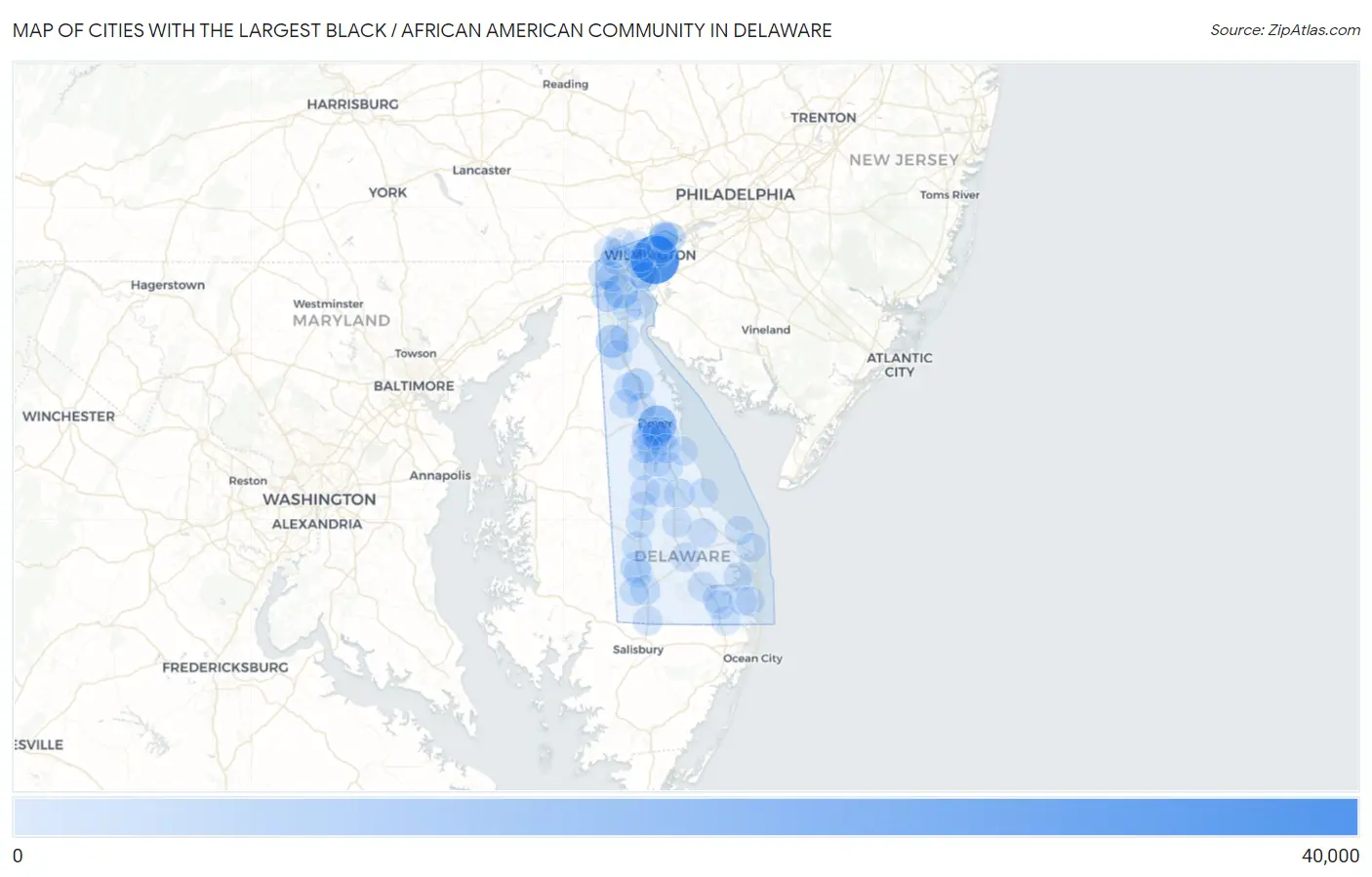 Cities with the Largest Black / African American Community in Delaware Map