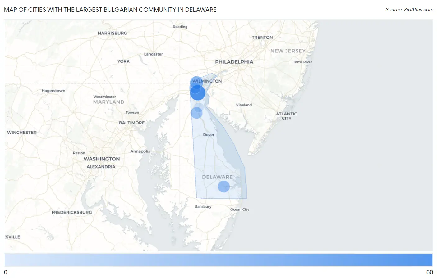 Cities with the Largest Bulgarian Community in Delaware Map