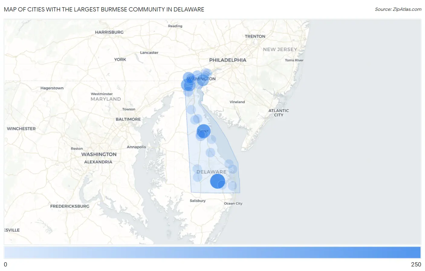 Cities with the Largest Burmese Community in Delaware Map