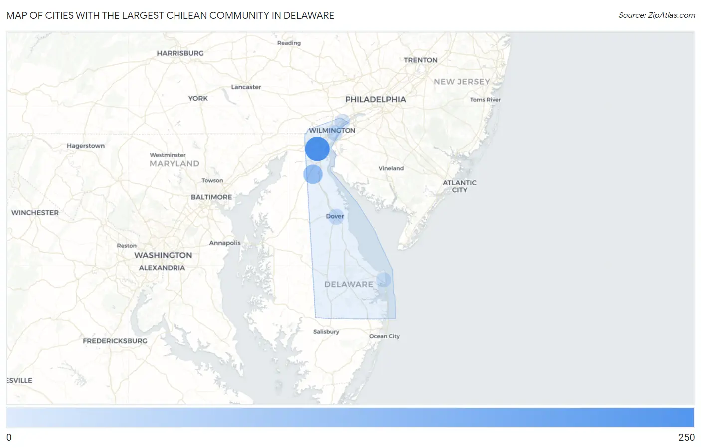 Cities with the Largest Chilean Community in Delaware Map