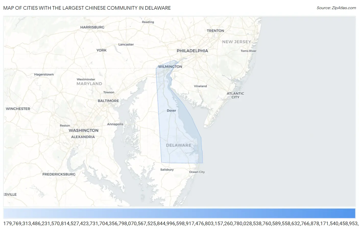 Cities with the Largest Chinese Community in Delaware Map