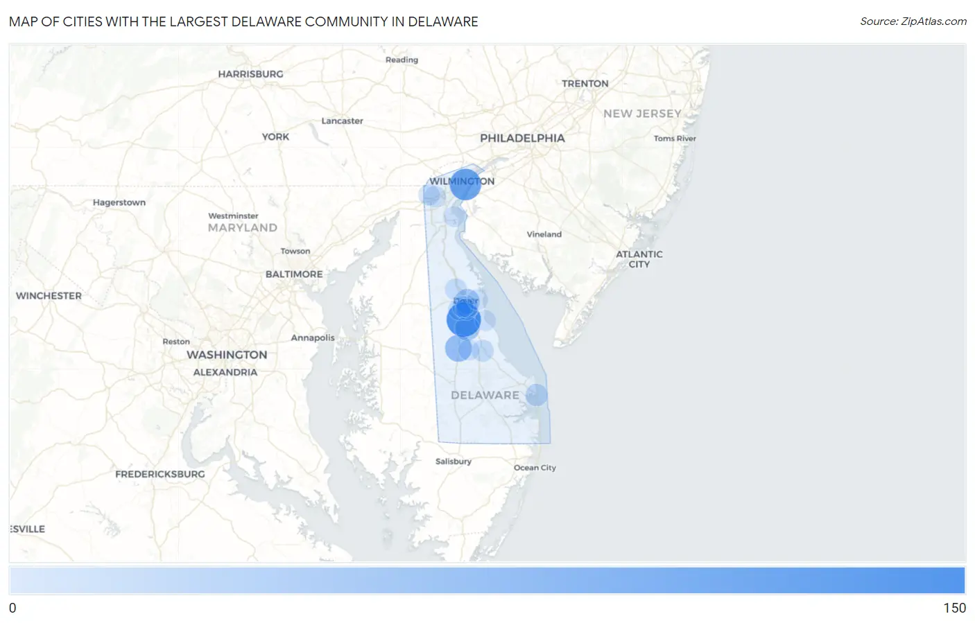 Cities with the Largest Delaware Community in Delaware Map