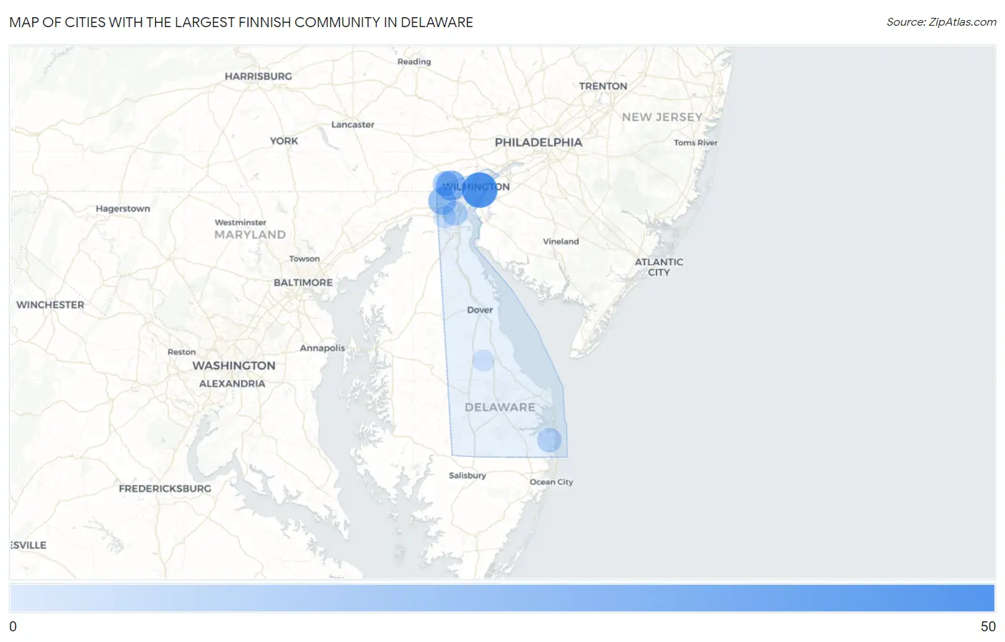 Cities with the Largest Finnish Community in Delaware Map