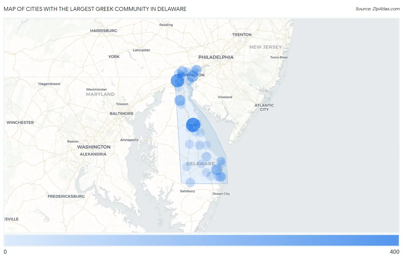 Cities with the Largest Greek Community in Delaware Map