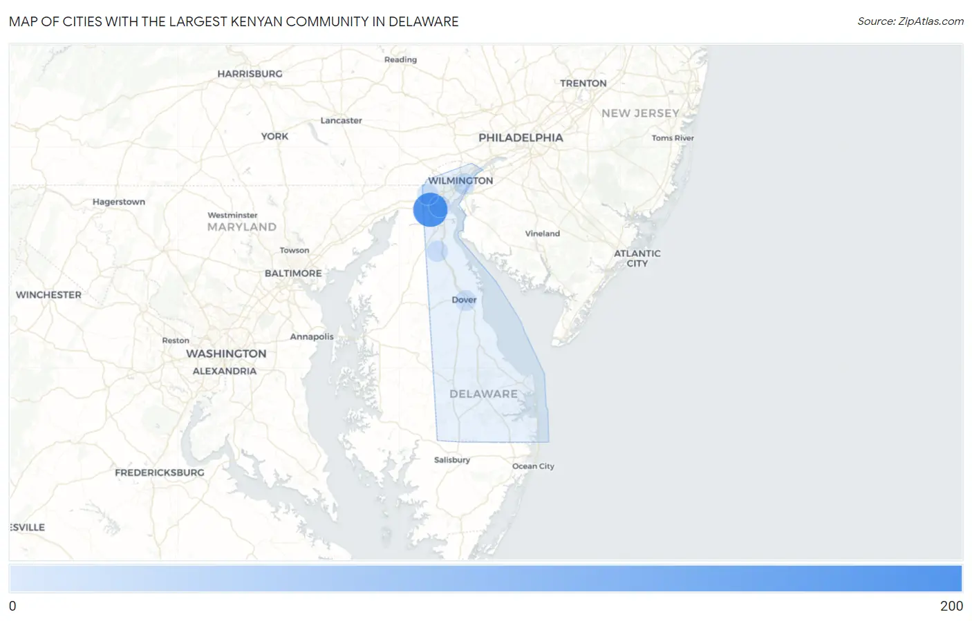 Cities with the Largest Kenyan Community in Delaware Map