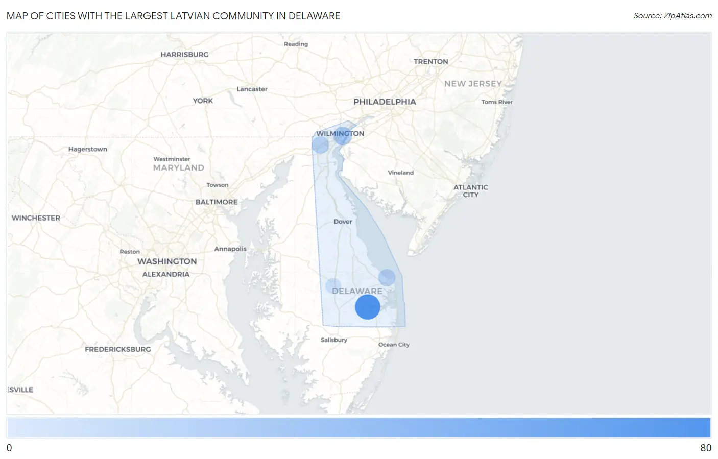 Cities with the Largest Latvian Community in Delaware Map