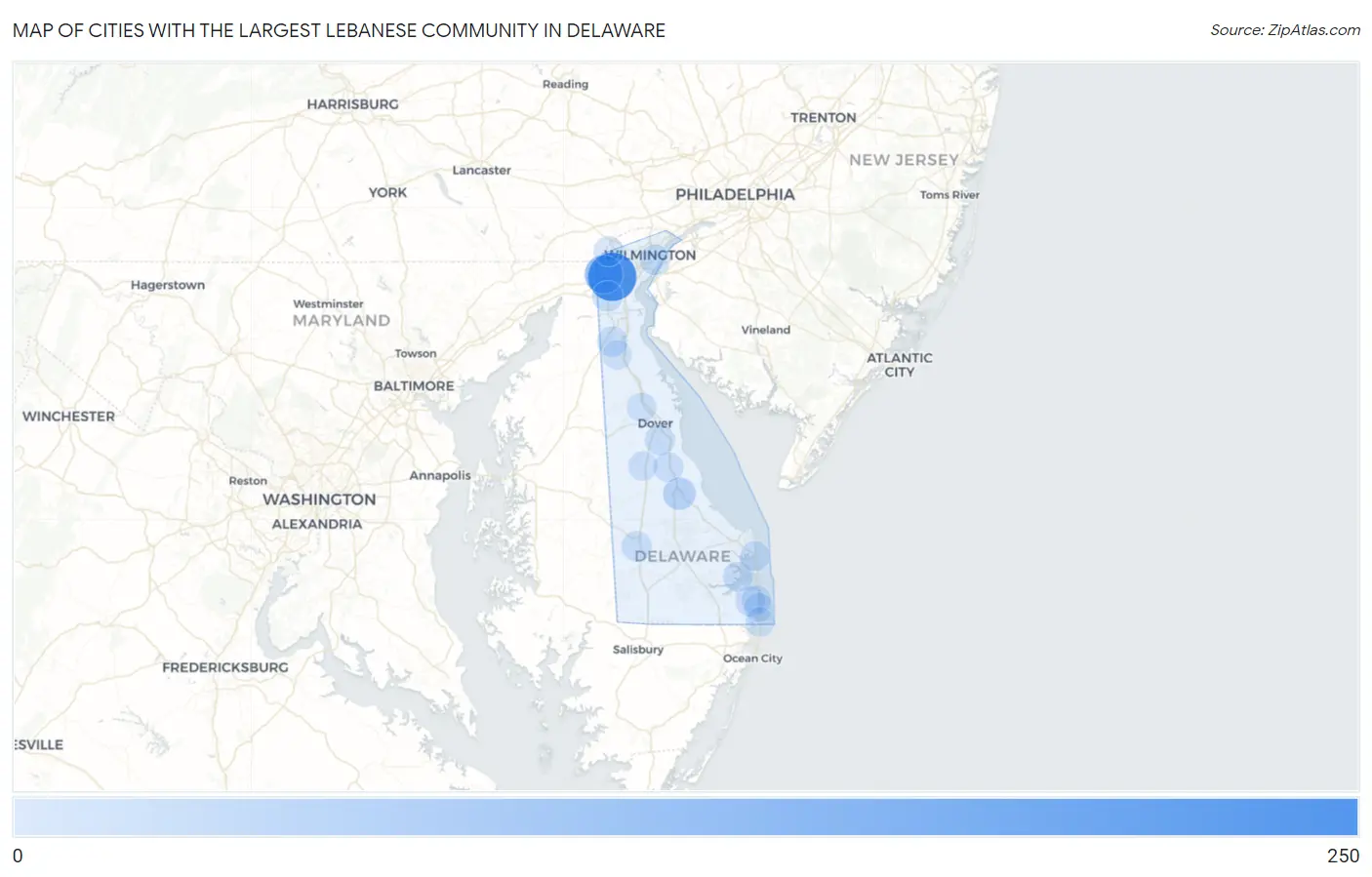 Cities with the Largest Lebanese Community in Delaware Map