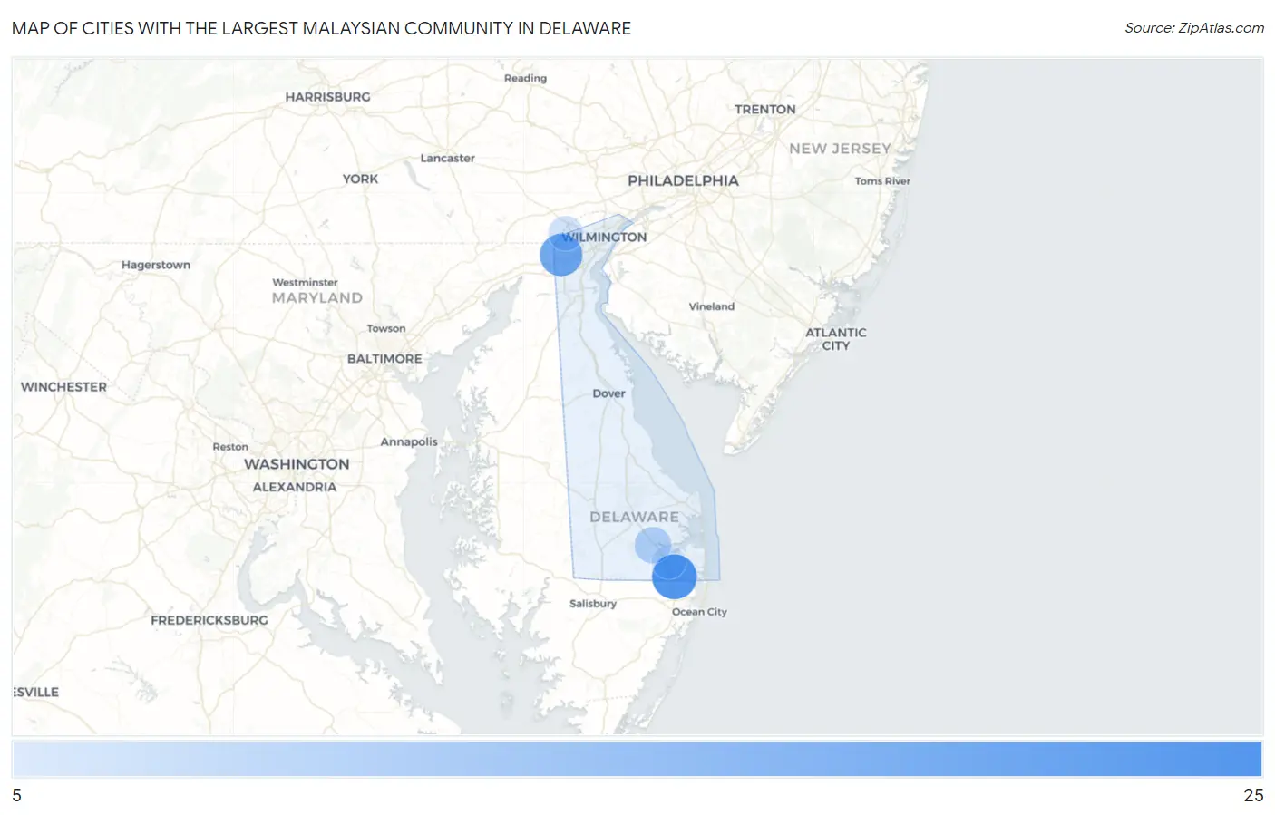 Cities with the Largest Malaysian Community in Delaware Map