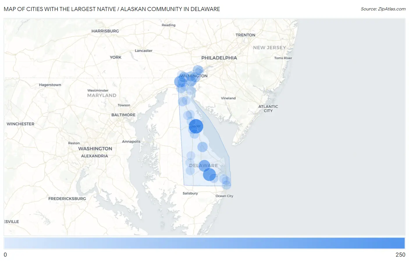 Cities with the Largest Native / Alaskan Community in Delaware Map