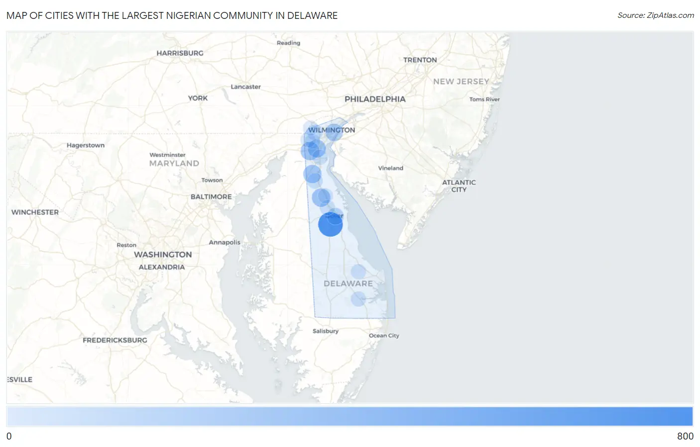 Cities with the Largest Nigerian Community in Delaware Map