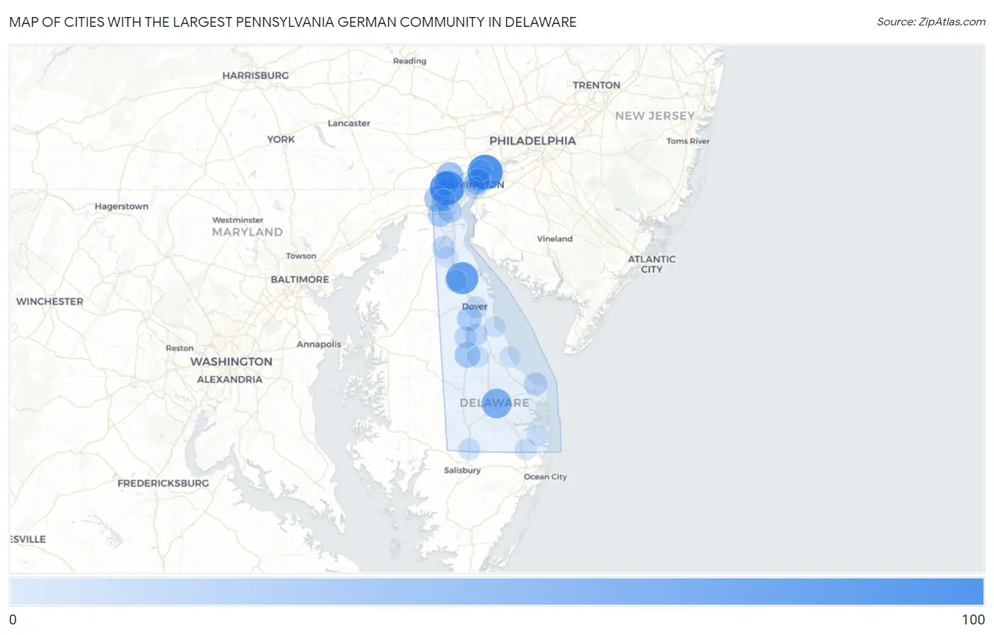 Cities with the Largest Pennsylvania German Community in Delaware Map