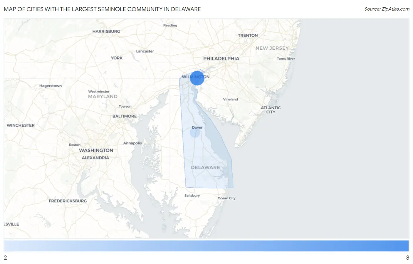 Cities with the Largest Seminole Community in Delaware Map