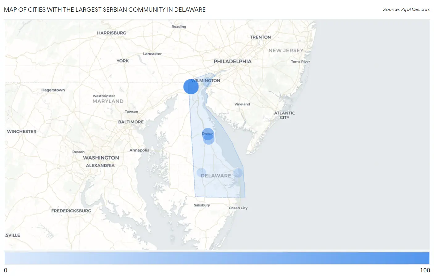 Cities with the Largest Serbian Community in Delaware Map