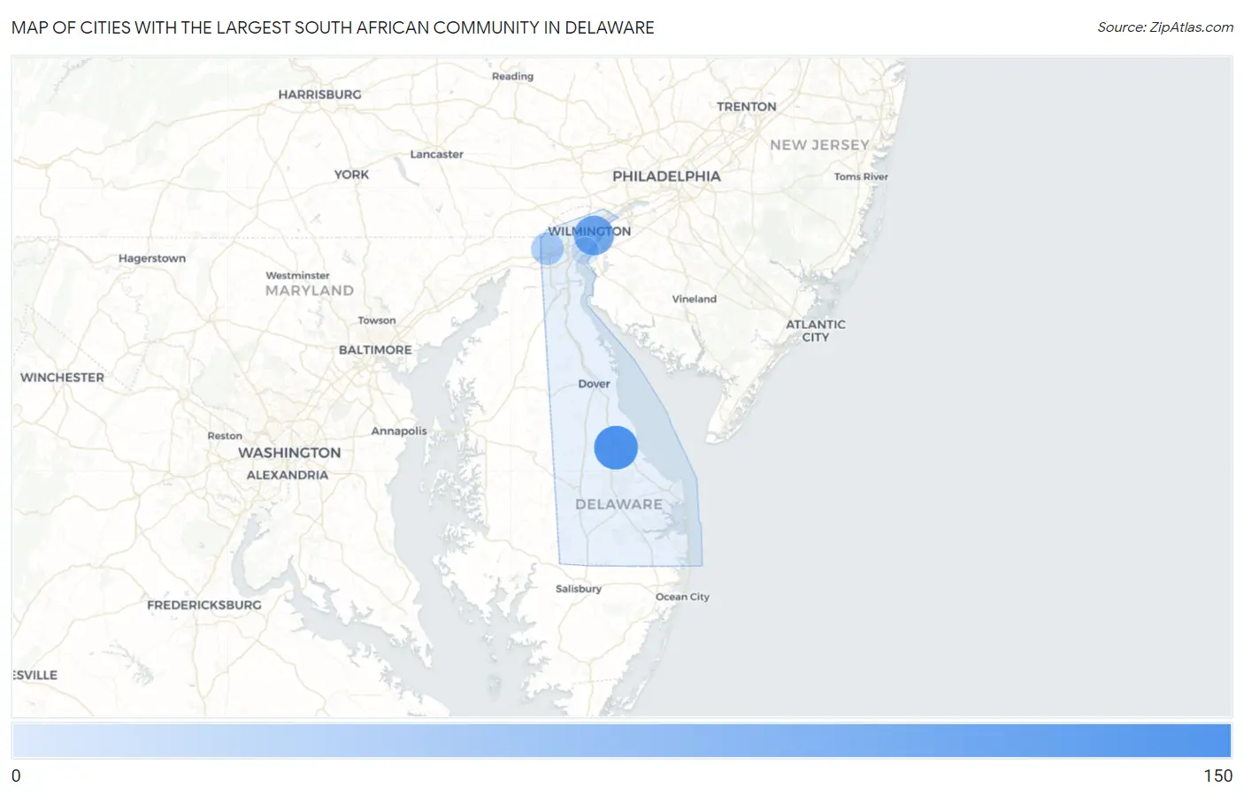 Cities with the Largest South African Community in Delaware Map