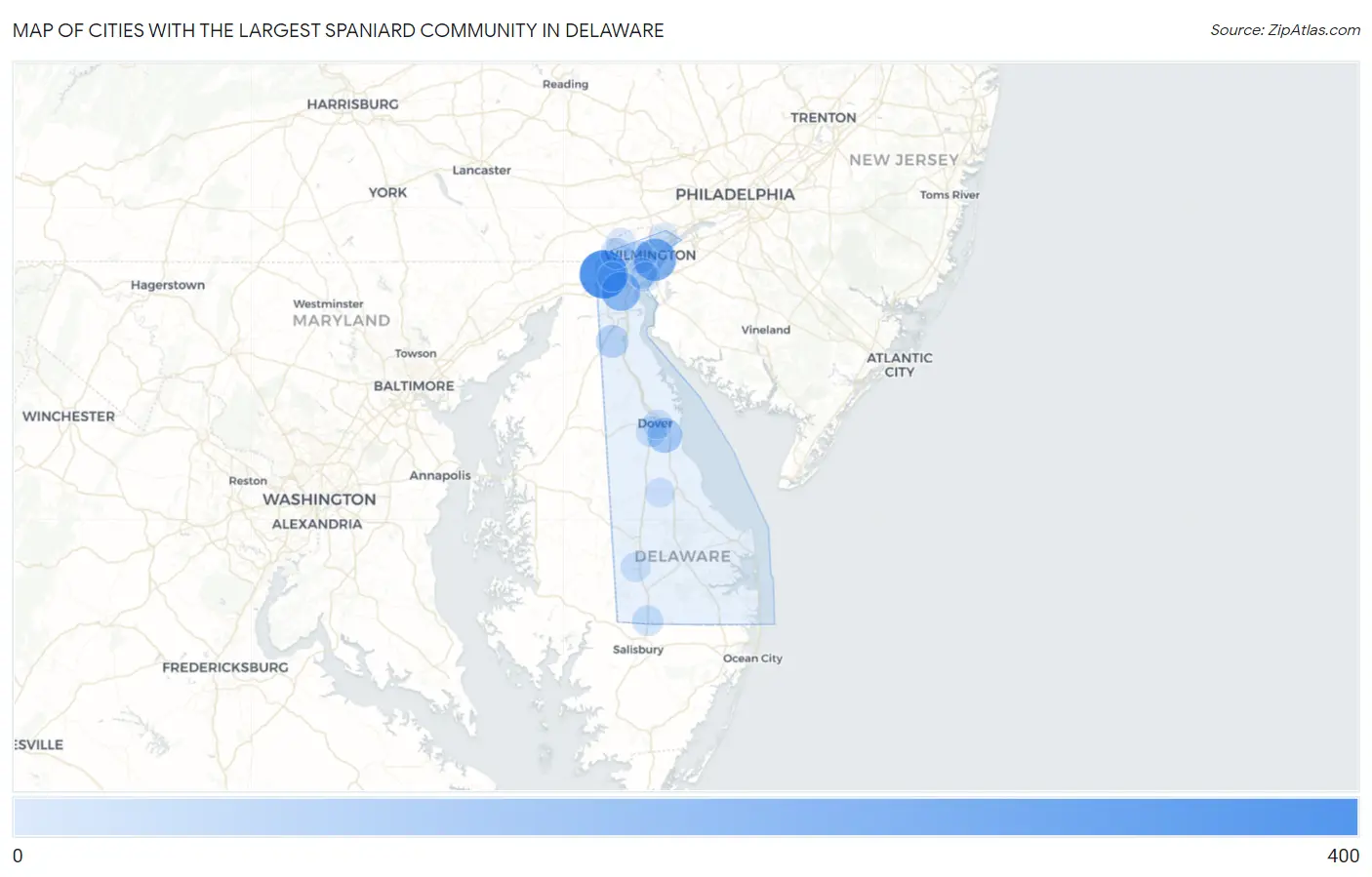 Cities with the Largest Spaniard Community in Delaware Map