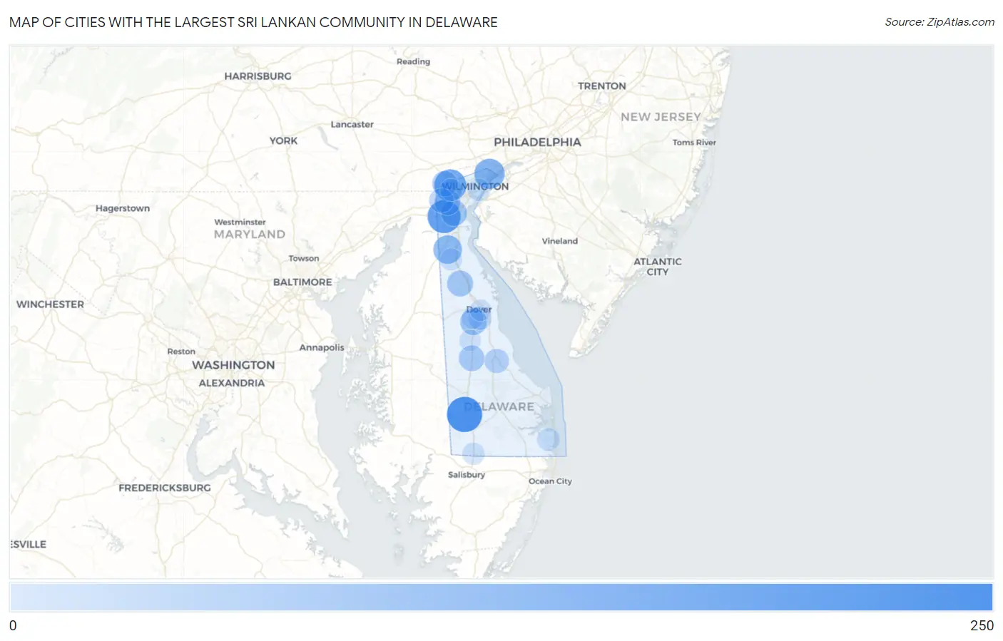 Cities with the Largest Sri Lankan Community in Delaware Map