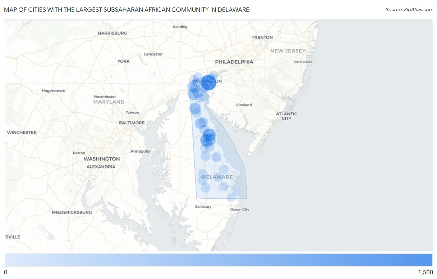 Cities with the Largest Subsaharan African Community in Delaware Map