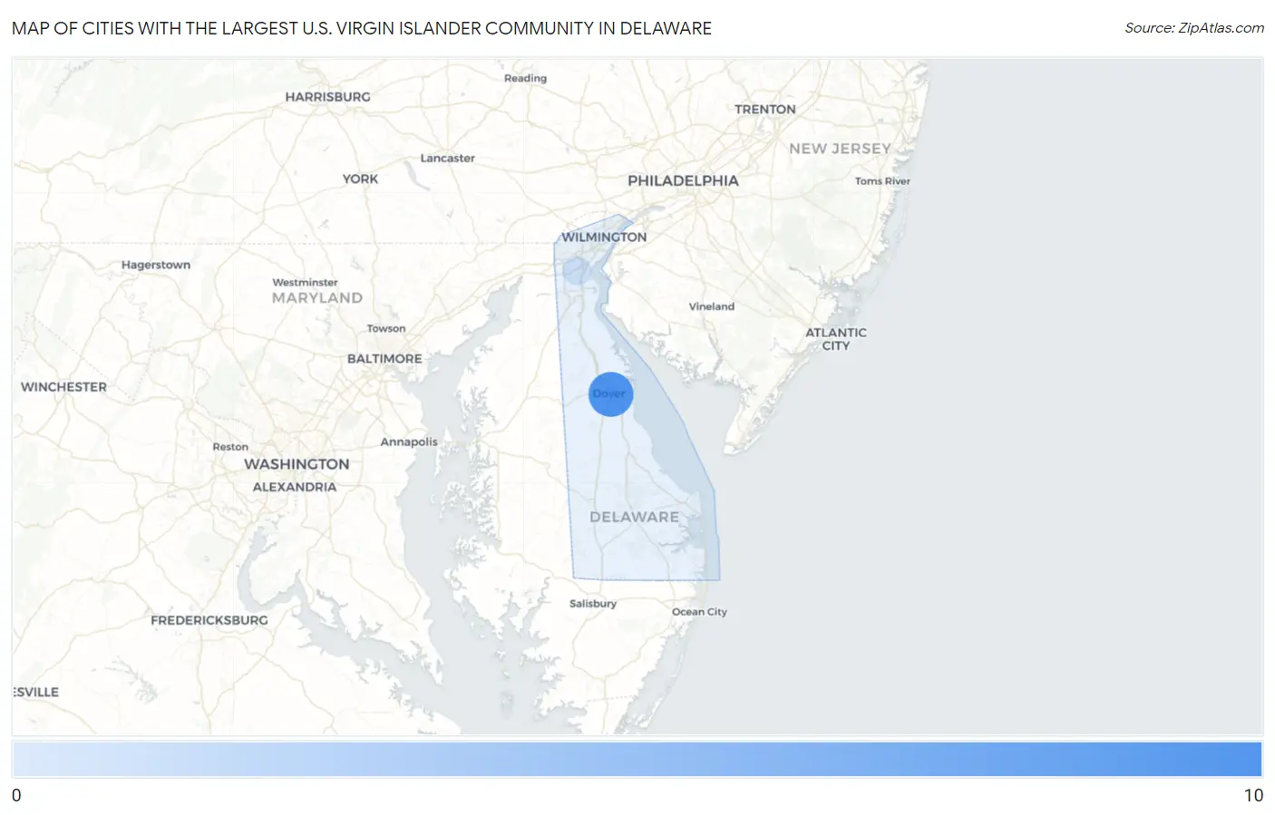 Cities with the Largest U.S. Virgin Islander Community in Delaware Map