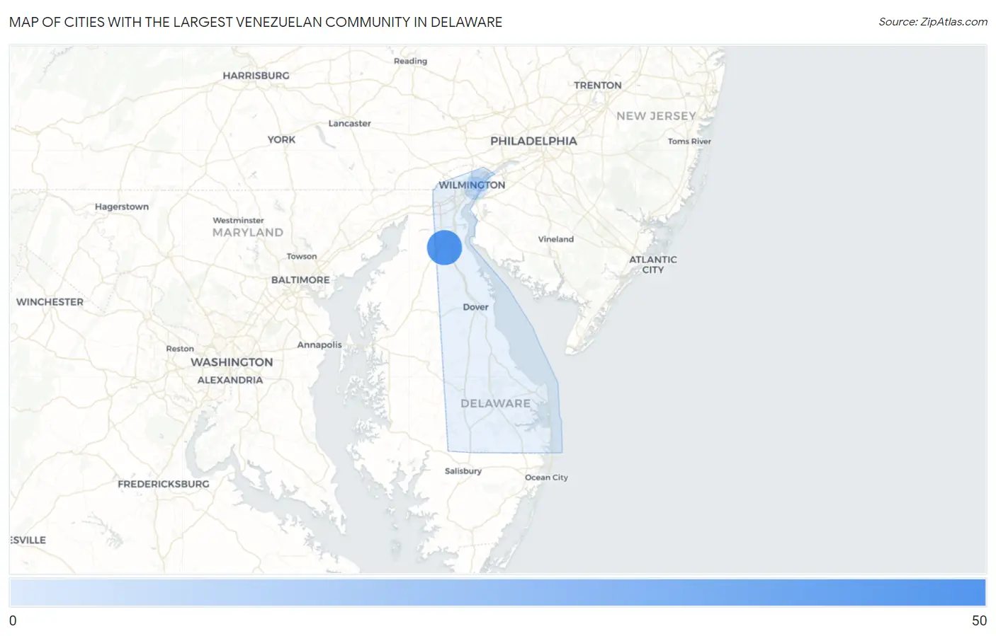 Cities with the Largest Venezuelan Community in Delaware Map