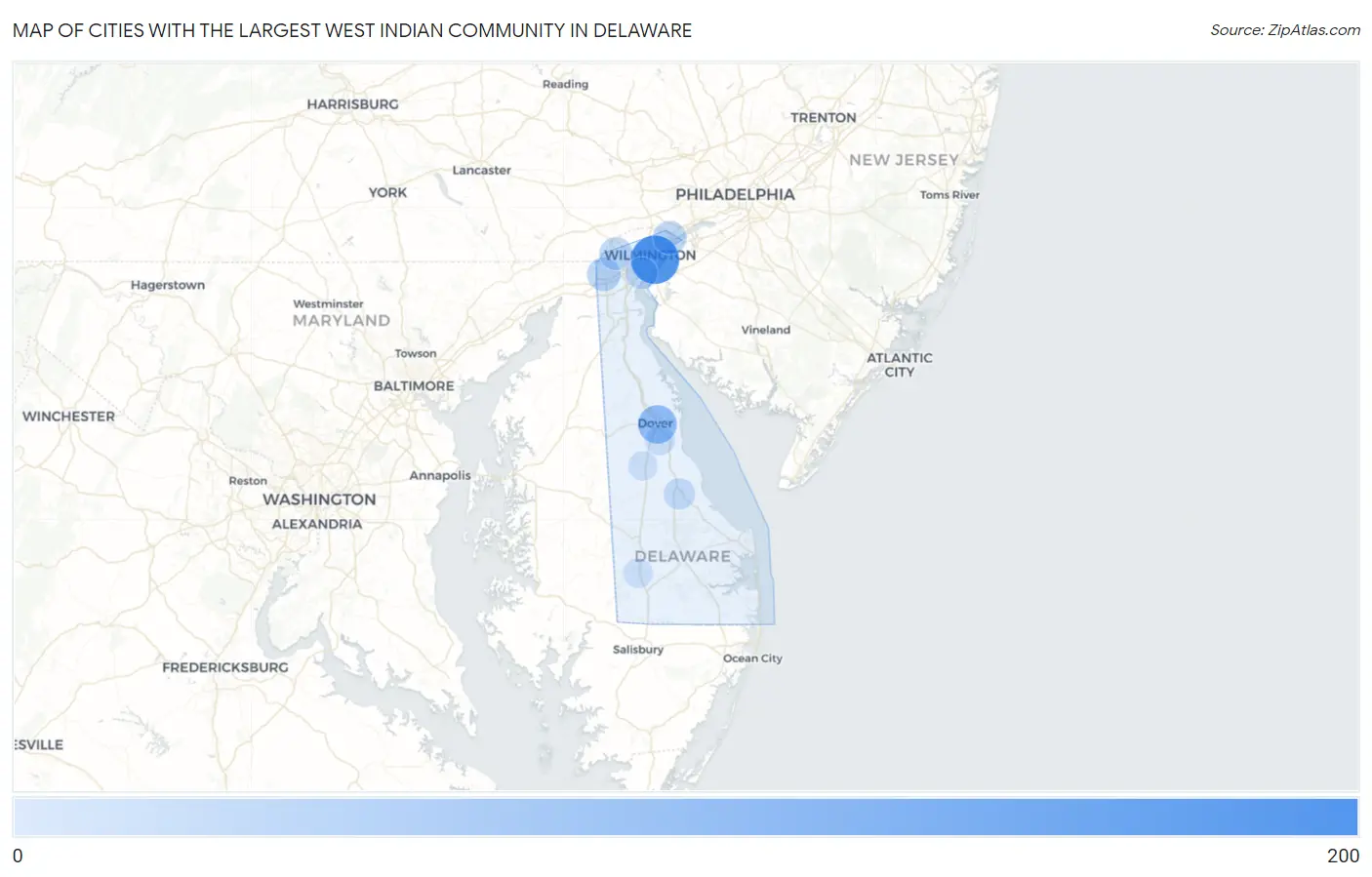 Cities with the Largest West Indian Community in Delaware Map