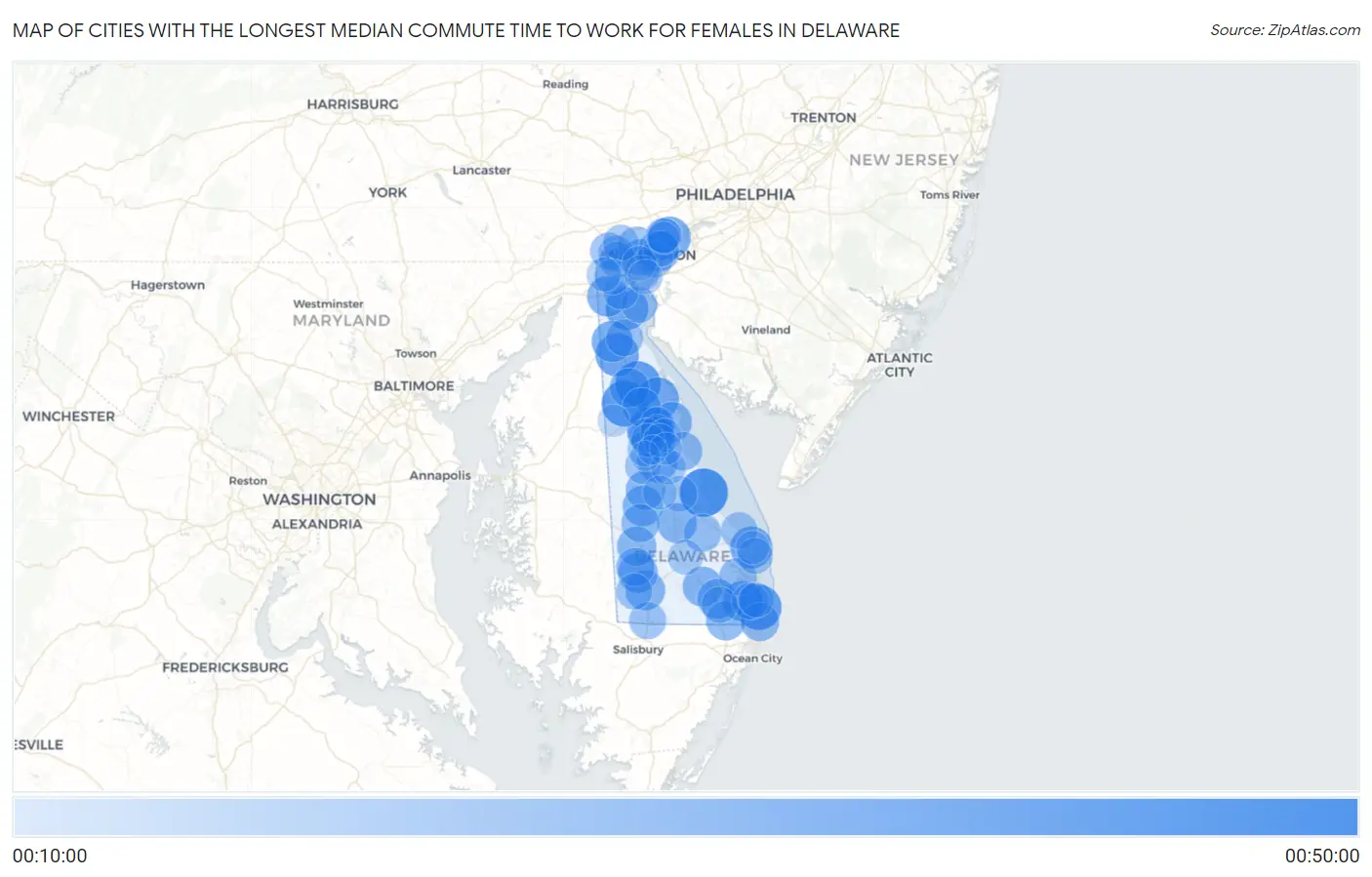 Cities with the Longest Median Commute Time to Work for Females in Delaware Map
