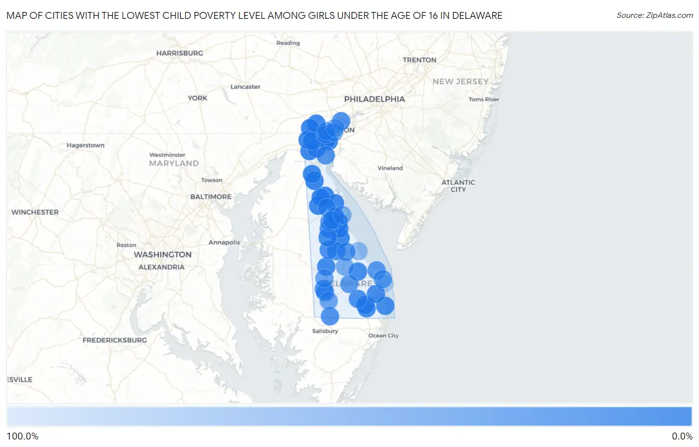 Cities with the Lowest Child Poverty Level Among Girls Under the Age of 16 in Delaware Map
