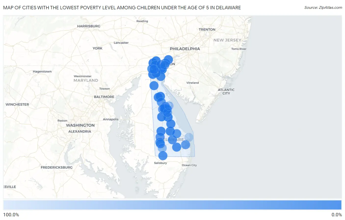 Cities with the Lowest Poverty Level Among Children Under the Age of 5 in Delaware Map