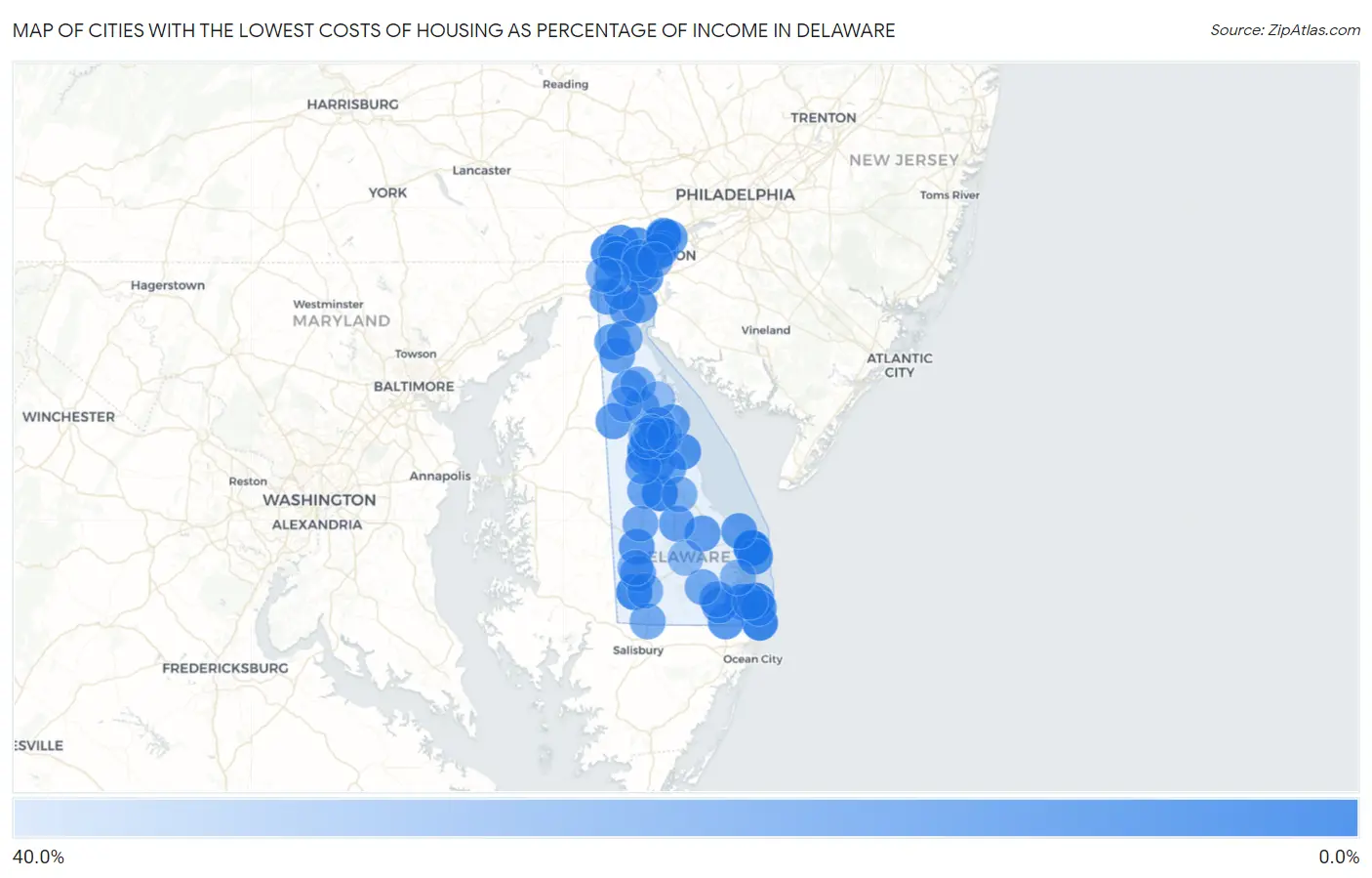 Cities with the Lowest Costs of Housing as Percentage of Income in Delaware Map