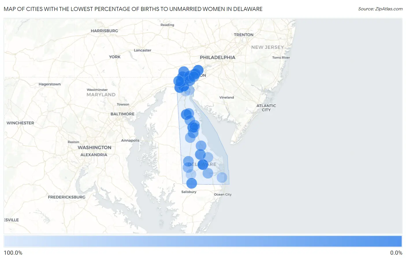 Cities with the Lowest Percentage of Births to Unmarried Women in Delaware Map