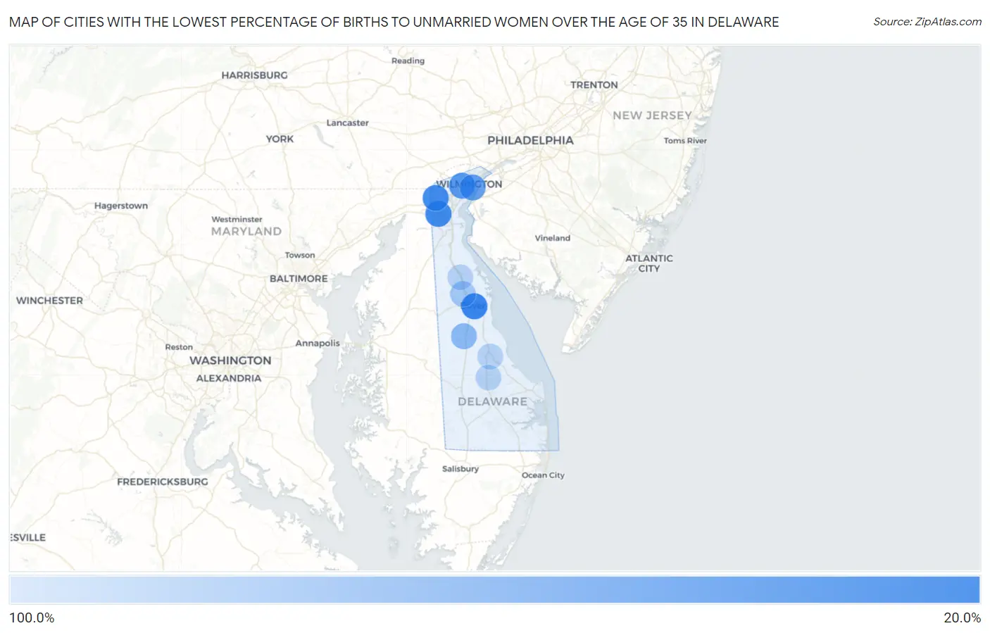 Cities with the Lowest Percentage of Births to Unmarried Women over the Age of 35 in Delaware Map