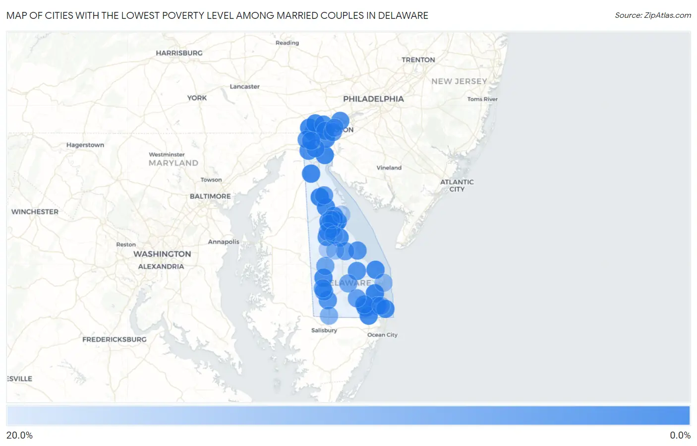 Cities with the Lowest Poverty Level Among Married Couples in Delaware Map