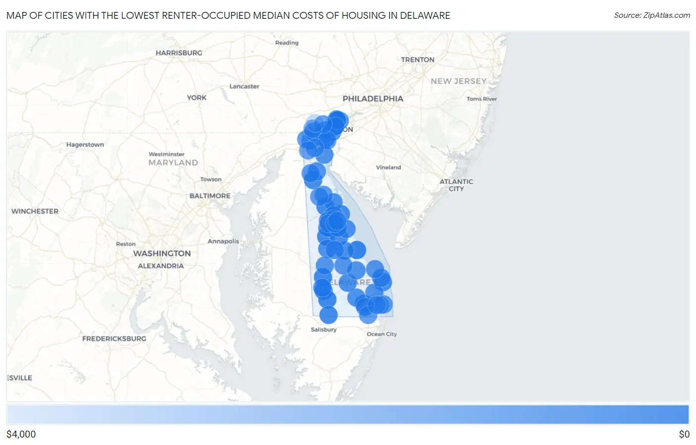 Cities with the Lowest Renter-Occupied Median Costs of Housing in Delaware Map