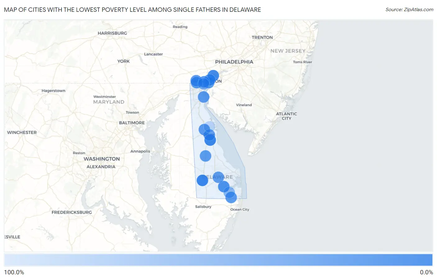 Cities with the Lowest Poverty Level Among Single Fathers in Delaware Map