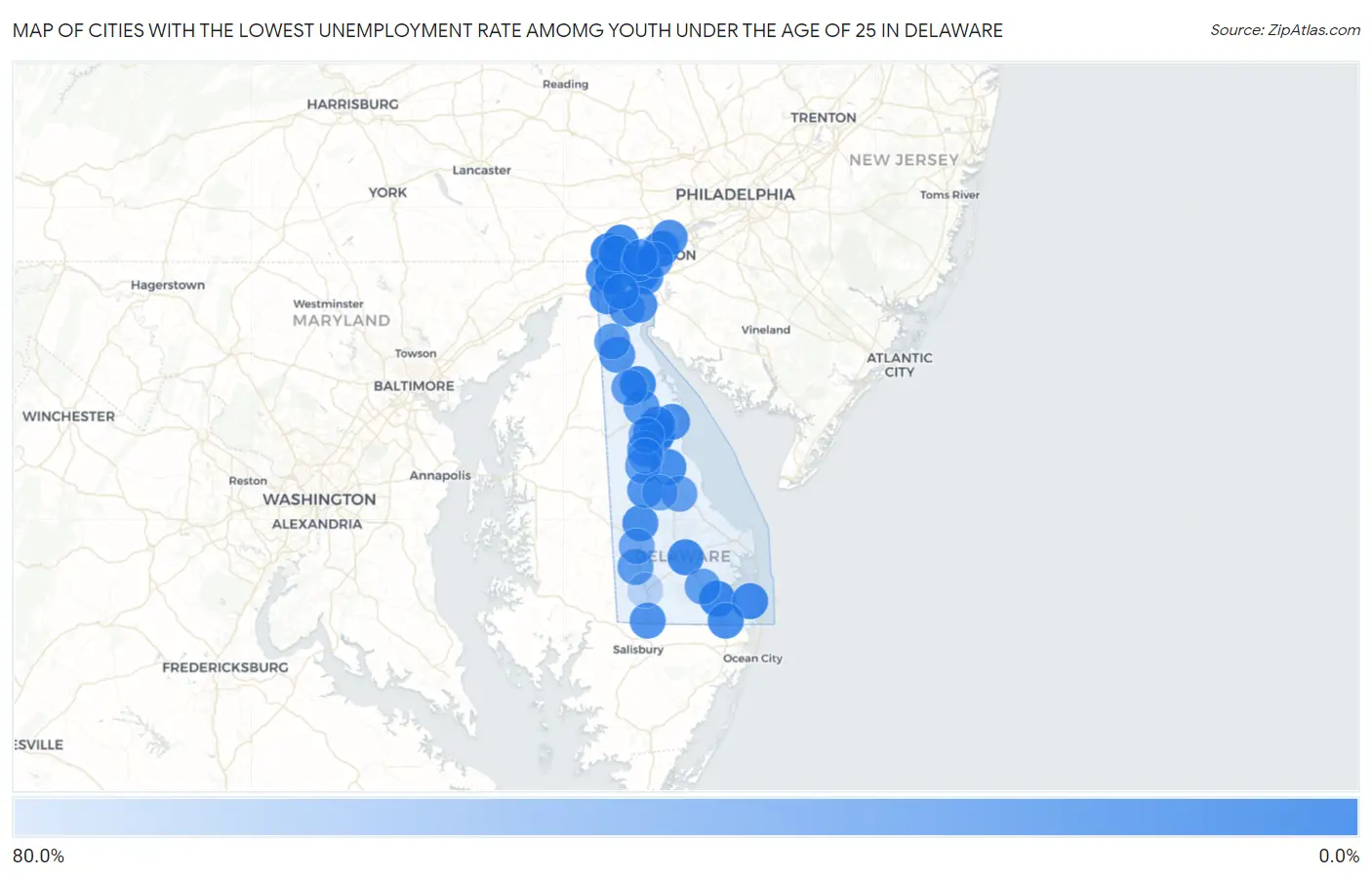 Cities with the Lowest Unemployment Rate Amomg Youth Under the Age of 25 in Delaware Map
