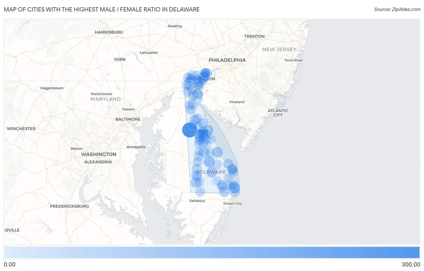 Cities with the Highest Male / Female Ratio in Delaware Map