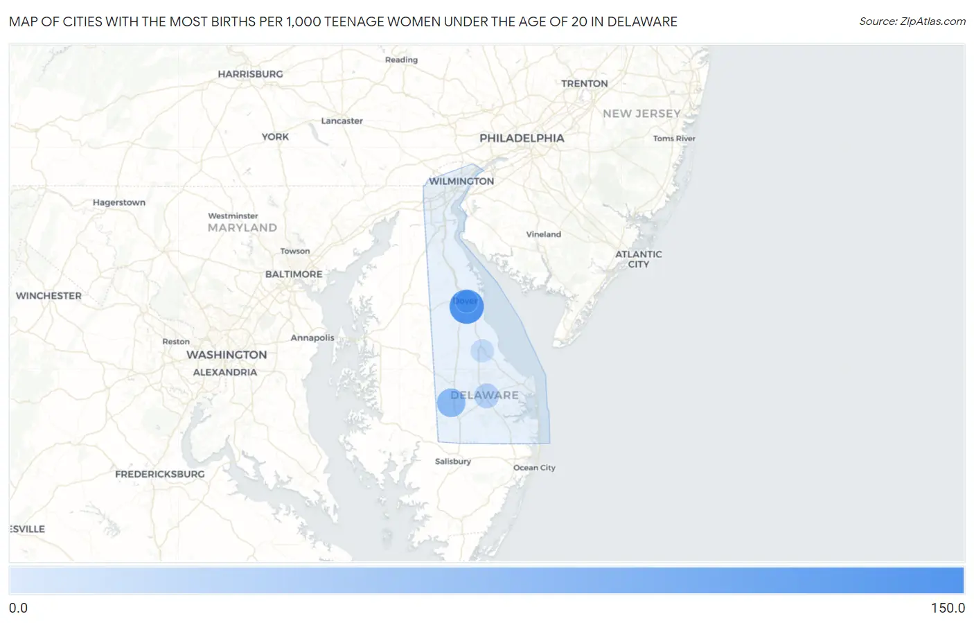Cities with the Most Births per 1,000 Teenage Women Under the Age of 20 in Delaware Map