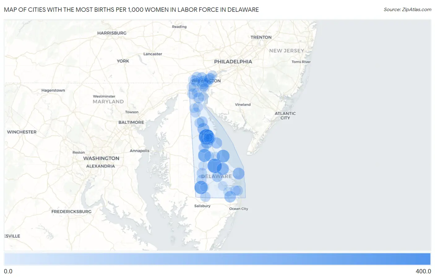 Cities with the Most Births per 1,000 Women in Labor Force in Delaware Map