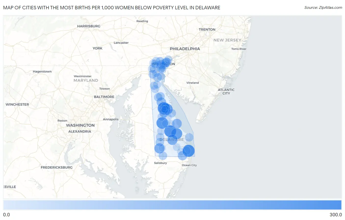 Cities with the Most Births per 1,000 Women Below Poverty Level in Delaware Map