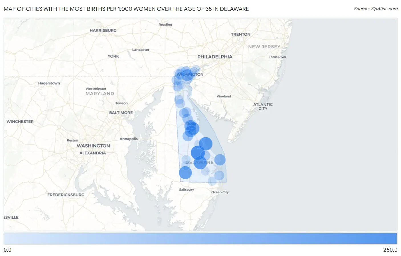 Cities with the Most Births per 1,000 Women Over the Age of 35 in Delaware Map