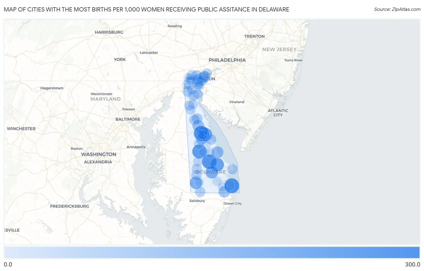 Cities with the Most Births per 1,000 Women Receiving Public Assitance in Delaware Map