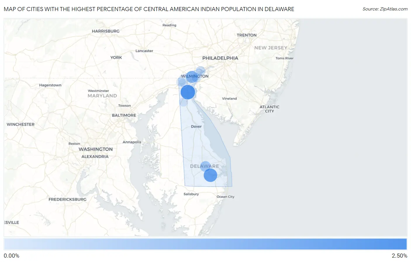 Cities with the Highest Percentage of Central American Indian Population in Delaware Map