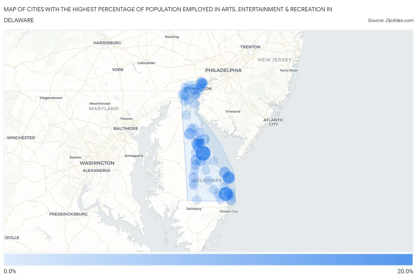 Cities with the Highest Percentage of Population Employed in Arts, Entertainment & Recreation in Delaware Map